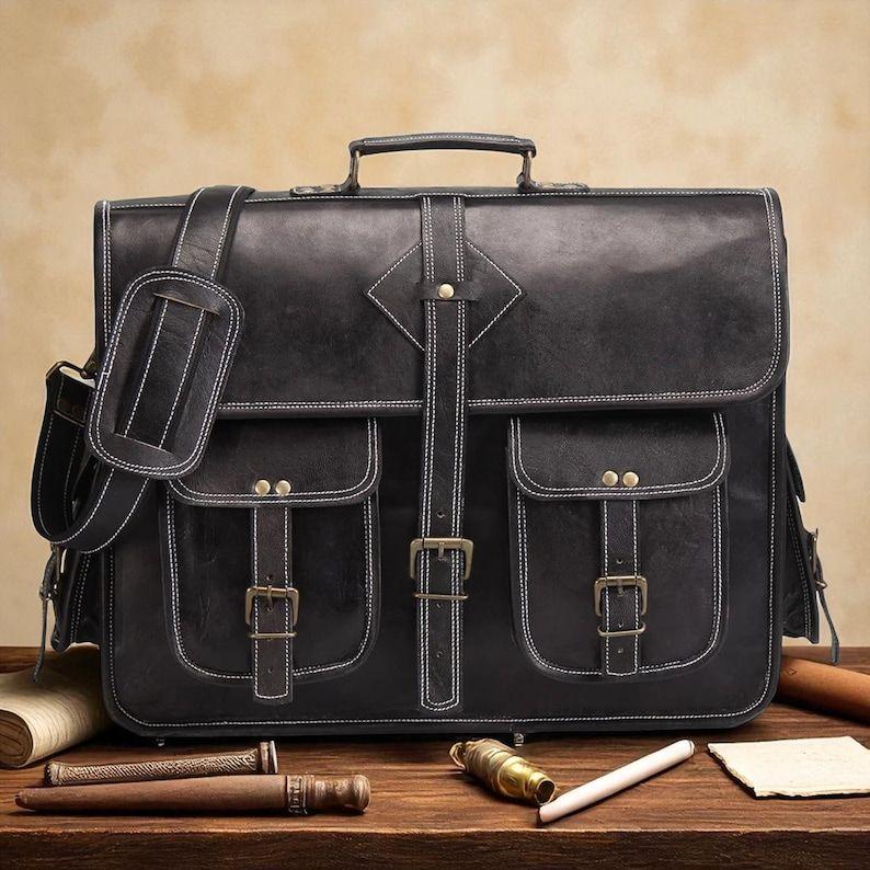 

Handmade Black Leather Messenger Bag – Full Grain Goat Leather Satchel with Detachable Strap & Multi-Compartments | Broken Artisan 15 x 11 x 4 in