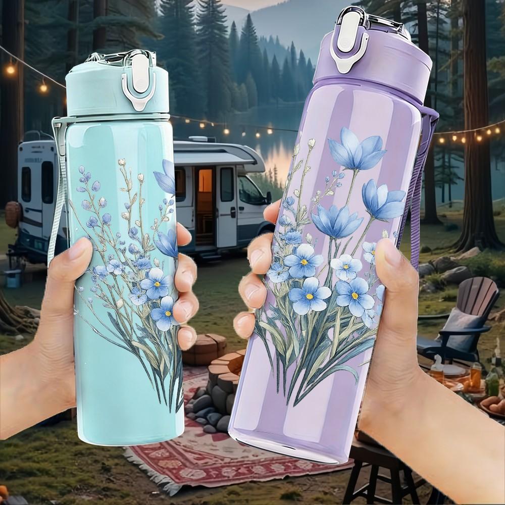 1PC Dried Blue Lavender Bouquet Print 750ml Color Plastic Sports Water Bottle Leakproof Flip Straw Lid Suitable for Sports Office Home Use
