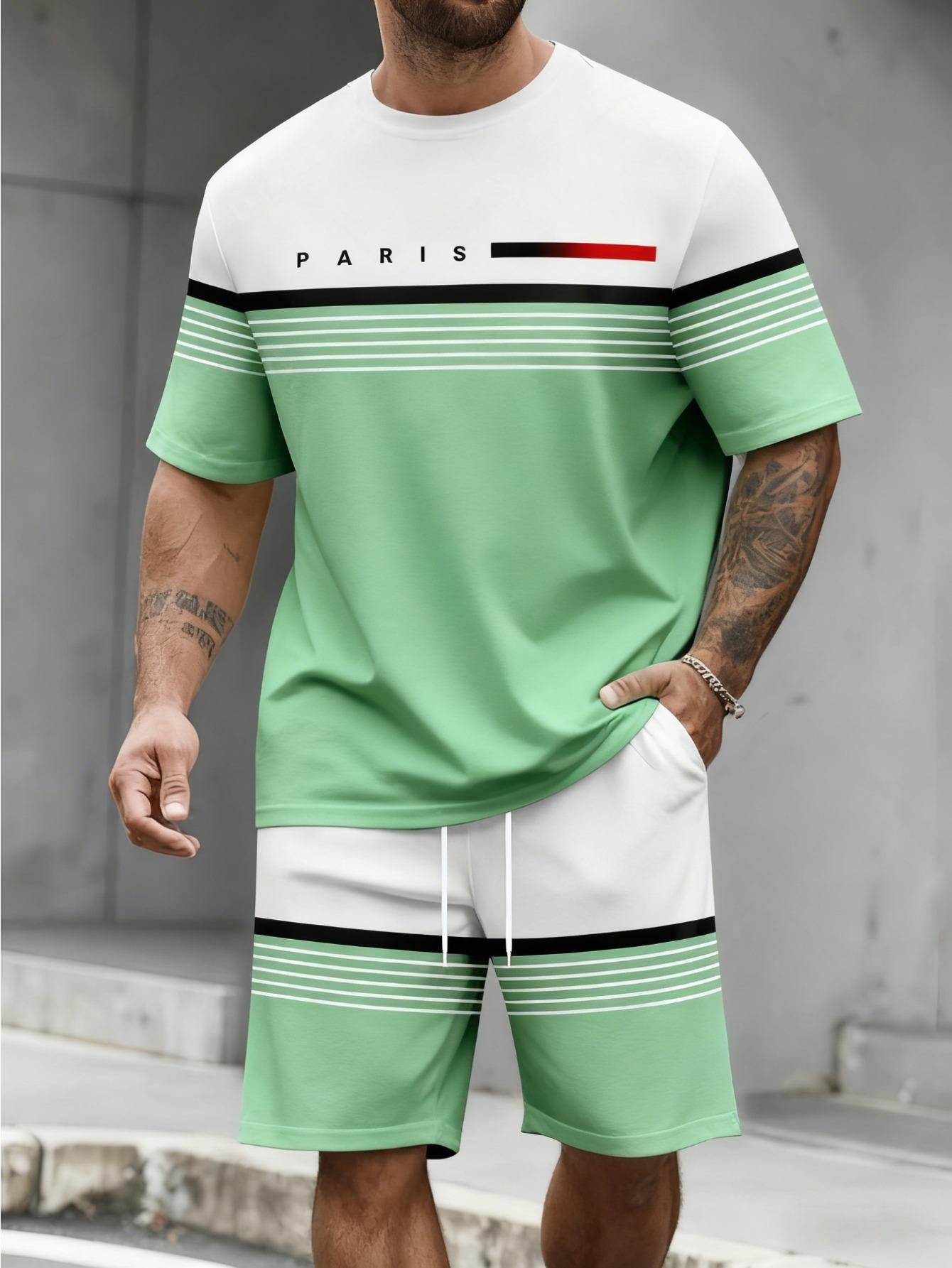 Neuer hochwertiger Herren Kontrast French Print Muster Sportanzug Rundhals T-Shirt und Shorts für Sommer Freizeitstil 6XL blue