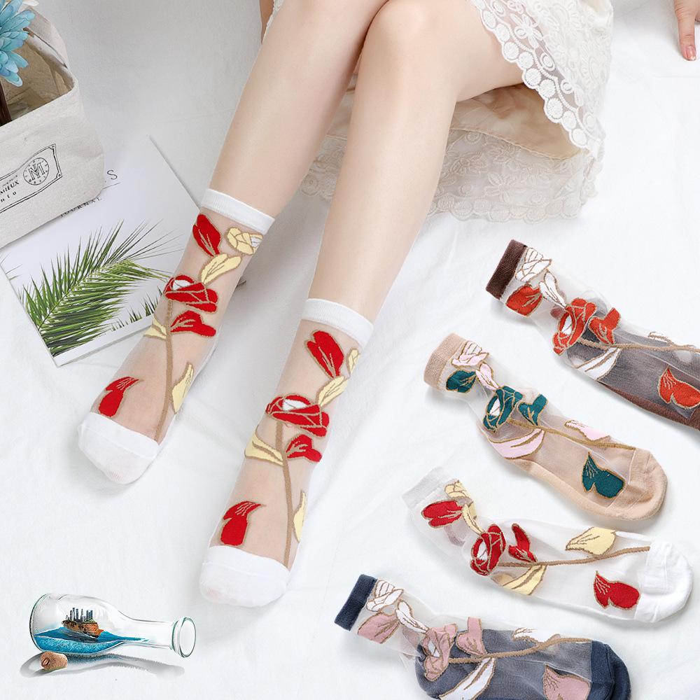 5 Pairs of Female Spring and Summer Cotton Bottom Lace Breathable Non Slip Transparent Sweat Absorbable Tube Socks
