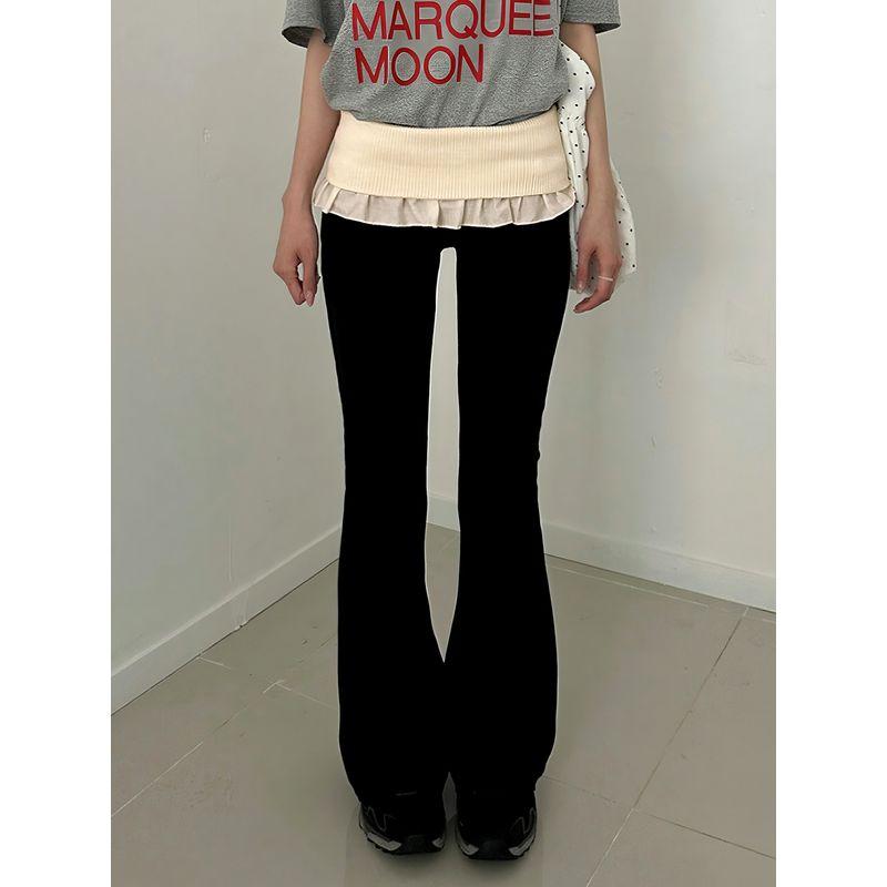 European and American Women's Clothing Street Chaoer Contrast-Color Ruffled Fake Two-Piece Bell-Bottom Pants Silm Slim Looking Casual Knitted Trousers
