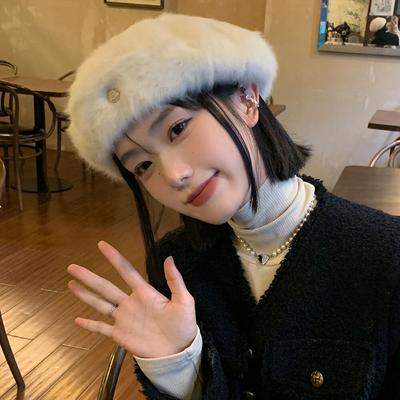 Ins Rabbit Fur Beret Female Autumn and Winter Solid Color Versatile Metal Bud Painter Hat Showing Face Small Octagonal Hat