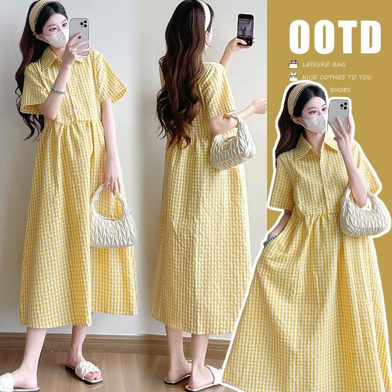 Korean Style Plaid Maternity Dress - Summer 2026: Fashionable Lapel, Age-Reducing, High Waist, Tummy Concealing Design XL