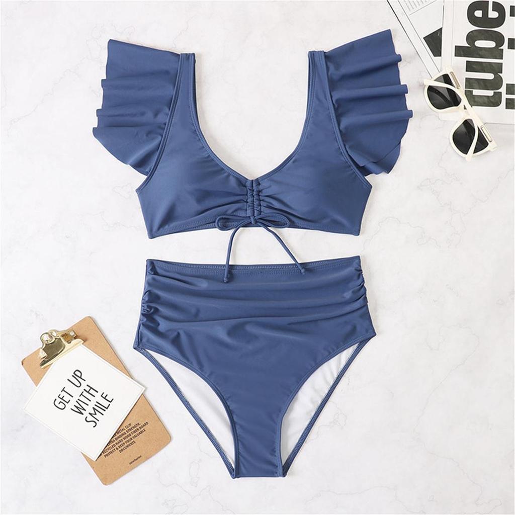 S- XL Sexy Lace Up Ruffled High Waist Bikini Female Swimsuit Women Swimwear Two-pieces Bikini Set Bather Bathing Suit Swim