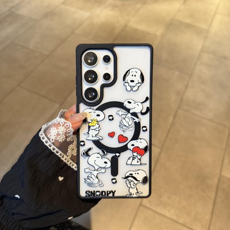 Cute Cartoon Love Snoopy Charlie Brown Magsafe Wireless Charge Case For Samsung S22 S23 S22 S24 S25 Ultra Plus Magnetic Holder