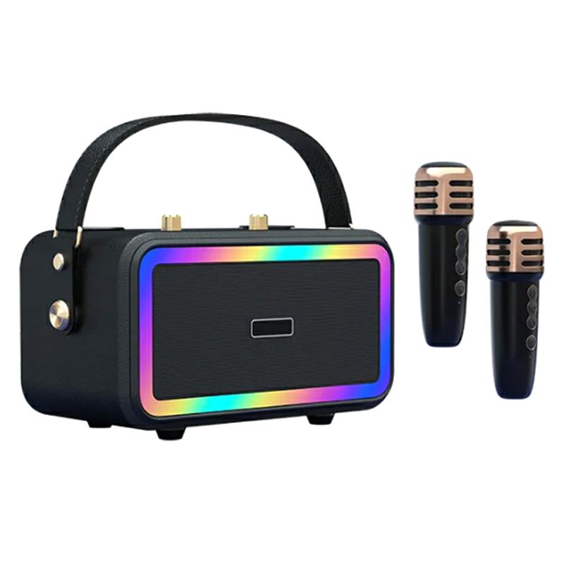 

M3201 Home Karaoke Retro Bluetooth-compatible Speaker RGB Light Loudspeaker with 2 Microphones Black