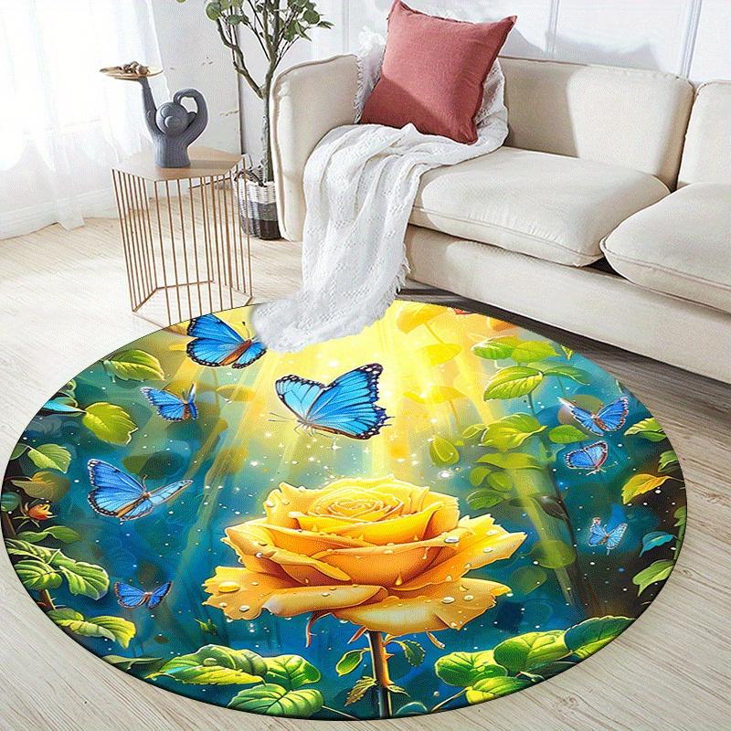 1pc Soft, Absorbent & Non Slip Roses and butterflies in the sun Round Rug Soft Circle Rug for Living Room & Bedroom Decor, Chair Mats, and U