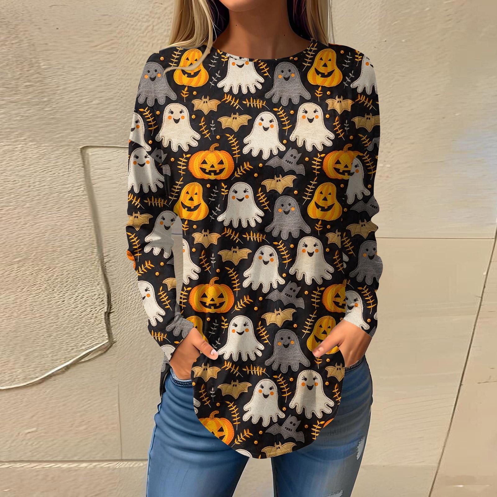 

Женская свободная футболка с круглым вырезом и принтом на Хэллоуин с длинными рукавами, топ, пуловер, свитшот с длинными рукавами XXL жёлтый