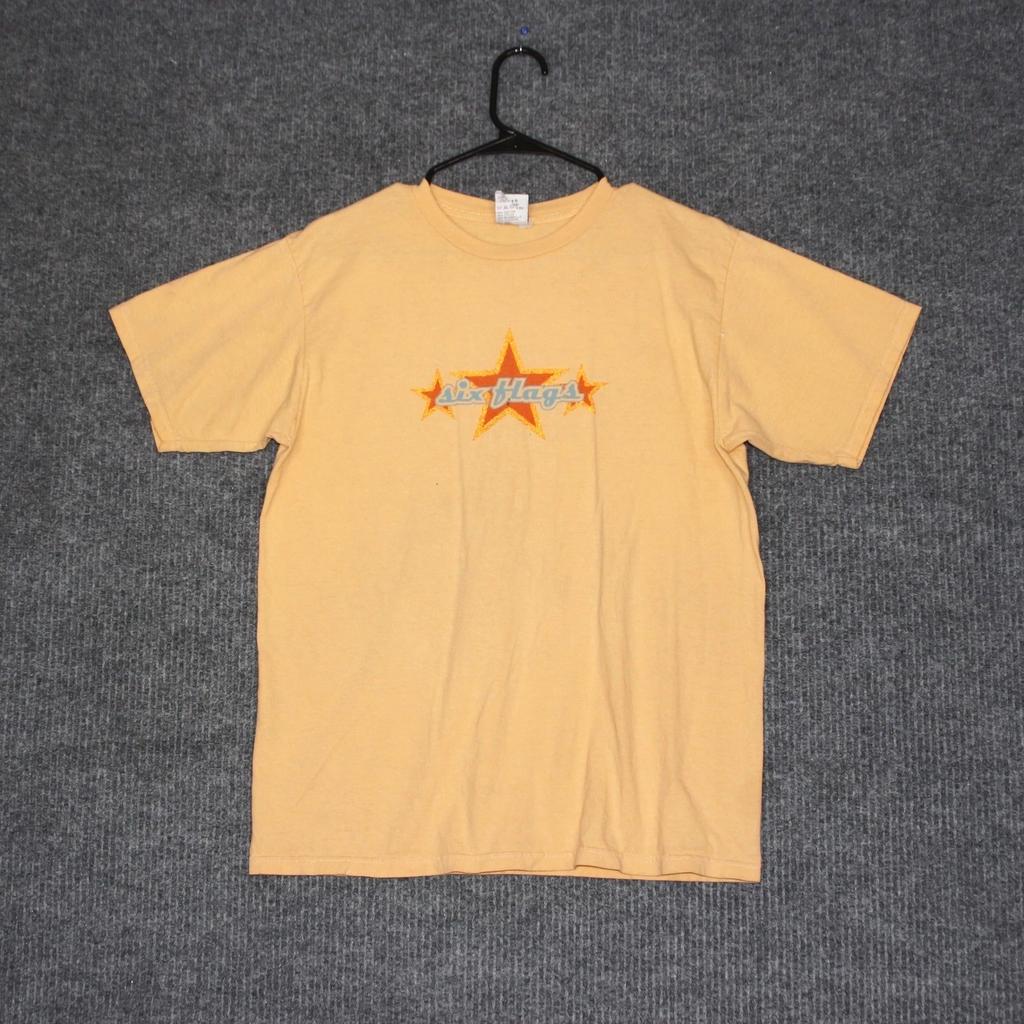 VTG Six Flags Graphic T Shirt Adult Mens L Orange Short Sleeve Theme Park Tee