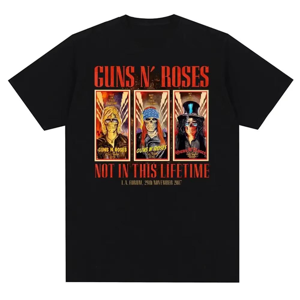 Gun and Rose Pattern Printed Tshirt Retro Rock Band Streetwear Summer Printed Pure Cotton Harajuku Retro Shortsleeved L