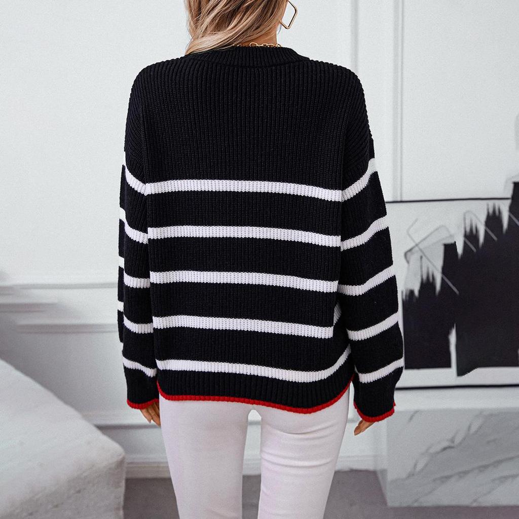 Herbst Winter Vintage Lose Langarm Top Streifen Pullover Strickwaren Oansatz Pullover