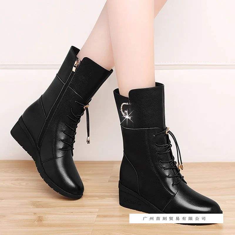 High quality real soft leather medium boots women's soft sole heightened four-season wedge heel leather boots mother cotton boots
