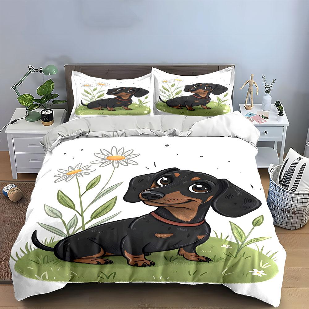 Whimsical pup and daisies. Bedding sets Duvet covers Pillowcases(1* Duvet Cover 2* Pillowcases without duvet insert)
