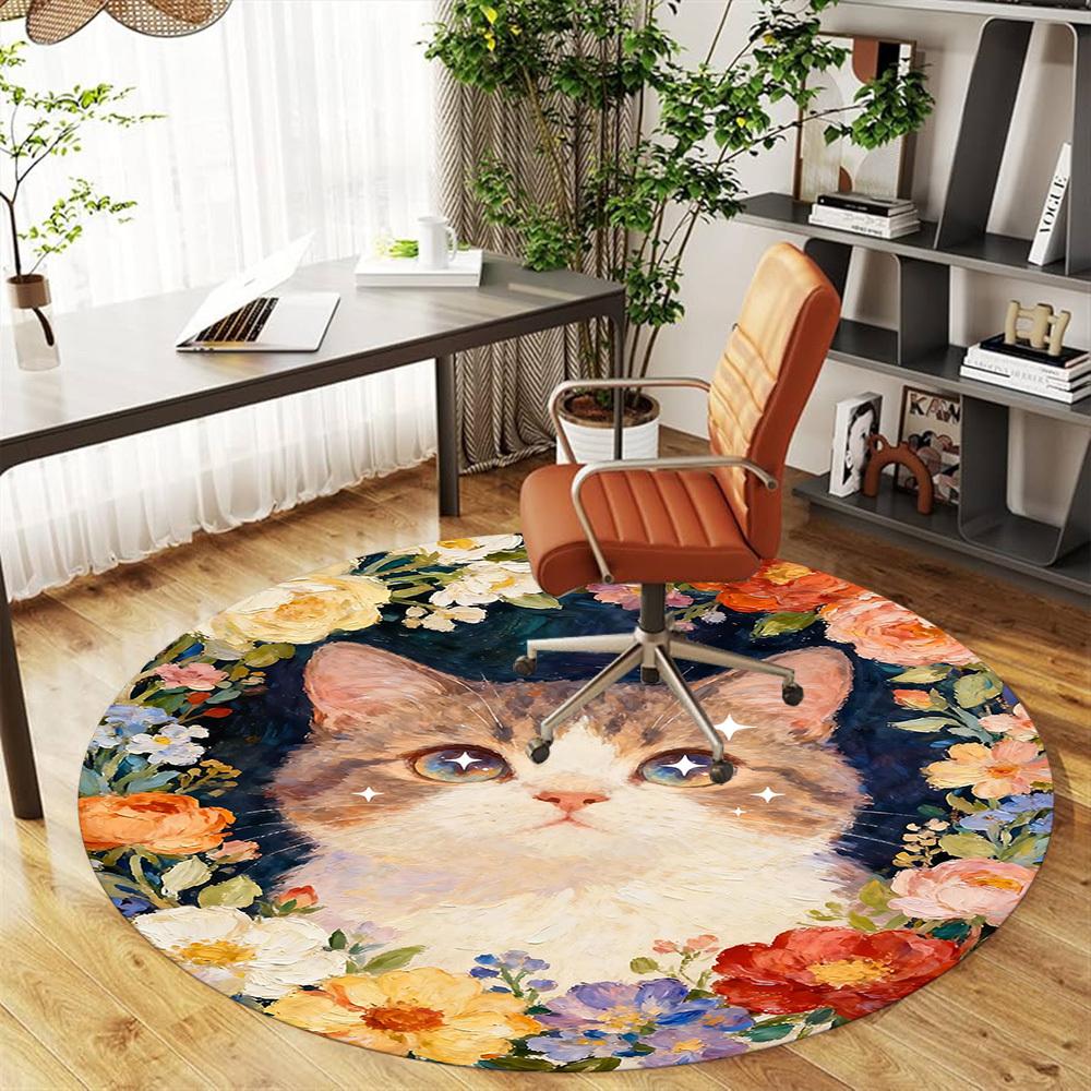 1pc cat flowers Round Chair mat office Area Rug - Non-Slip, Floor Mat for Office, Bedroom, and Indoor Decor p127027