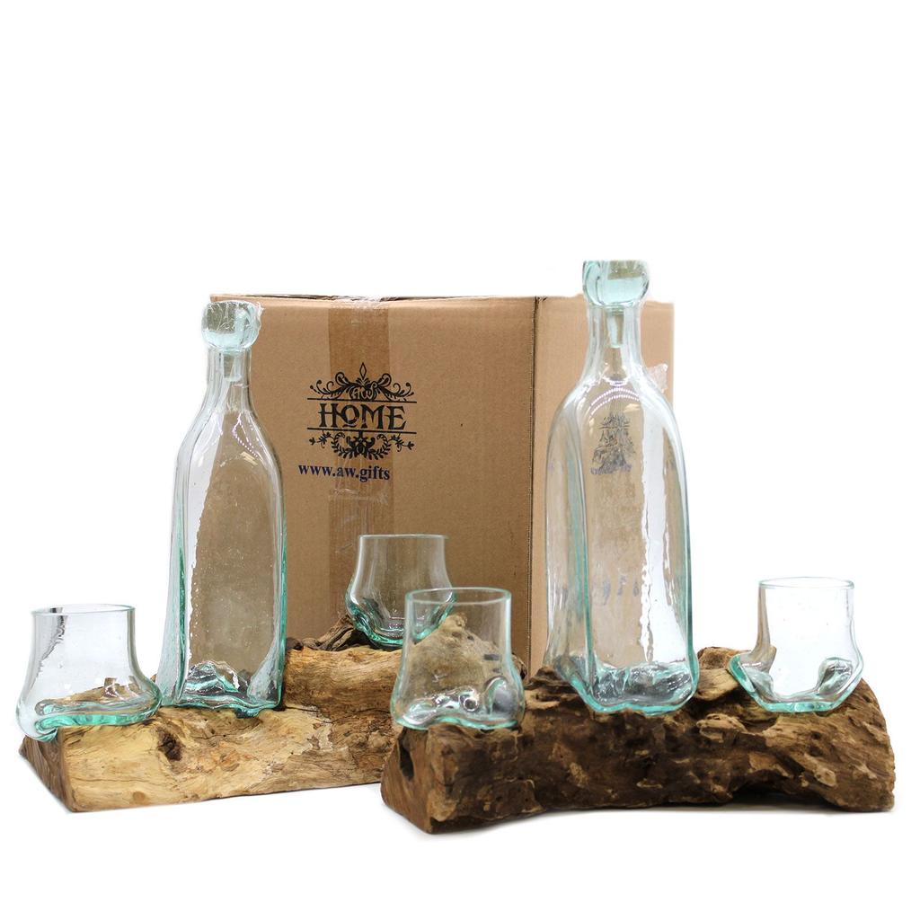 Whisky Set Molten Glass On Wood Base