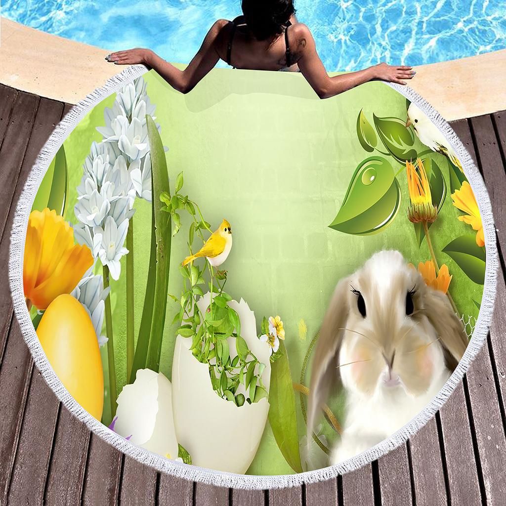 Cartoon Easter Egg Round Beach Towel with Tassels Roundie Yoga Meditation Mat Picnic Rug, Sand Proof Absorbent Circle Swim Towel