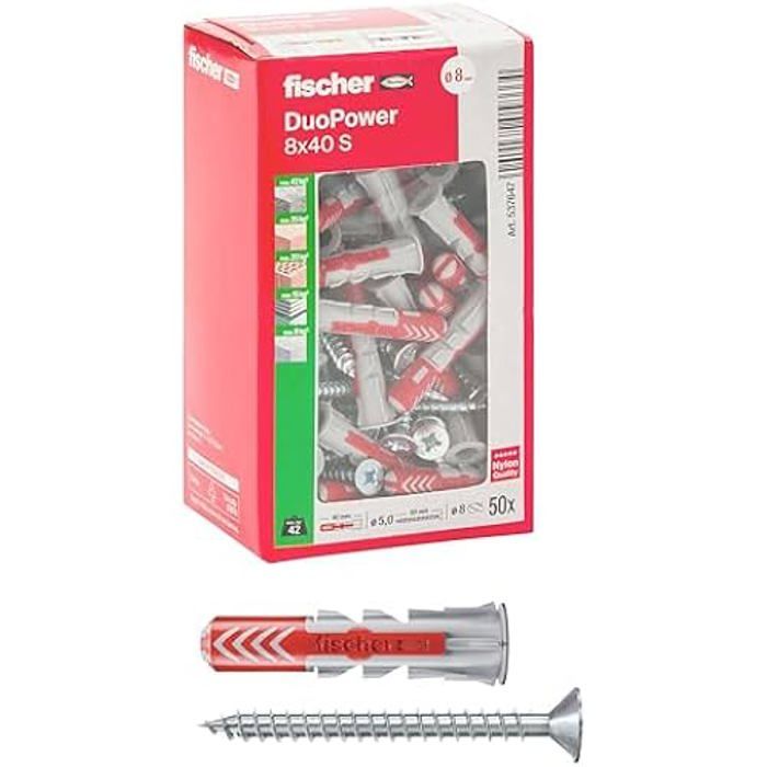 Vis avec cheville de plastique - FISCHER - Duo Power 8S - Deux composants - Boîte 50 pièces