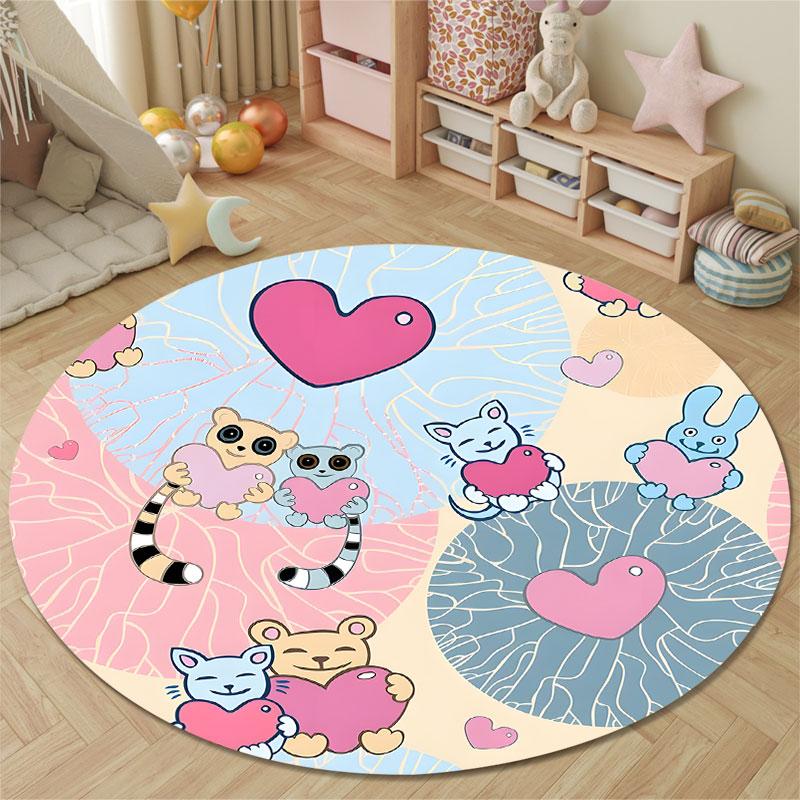 Cute Animals Hearts Cute Animals Holding Hearts Pattern Round Rug, Pastel Heart Animal Pattern Design, Animal Heart Repeat, Soft Touch