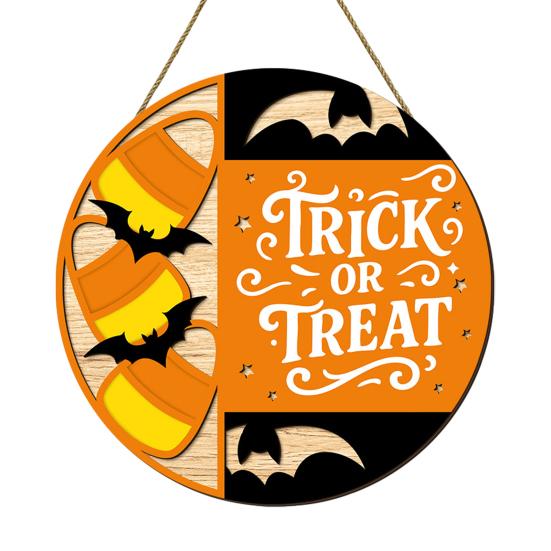Seasonal Hanging Sign Halloween Trick or Treat Wooden Door Sign, Retro Round Bat Silhouette Atmosphere Prop Plaque for Home Front Wall &