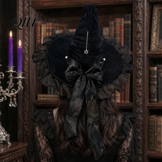 Pointed Witch Hat Halloween for Women, Velvet Wizard with Ruffle Costume Accessory Brim And Bow Party, Masquerade, Cosplay
