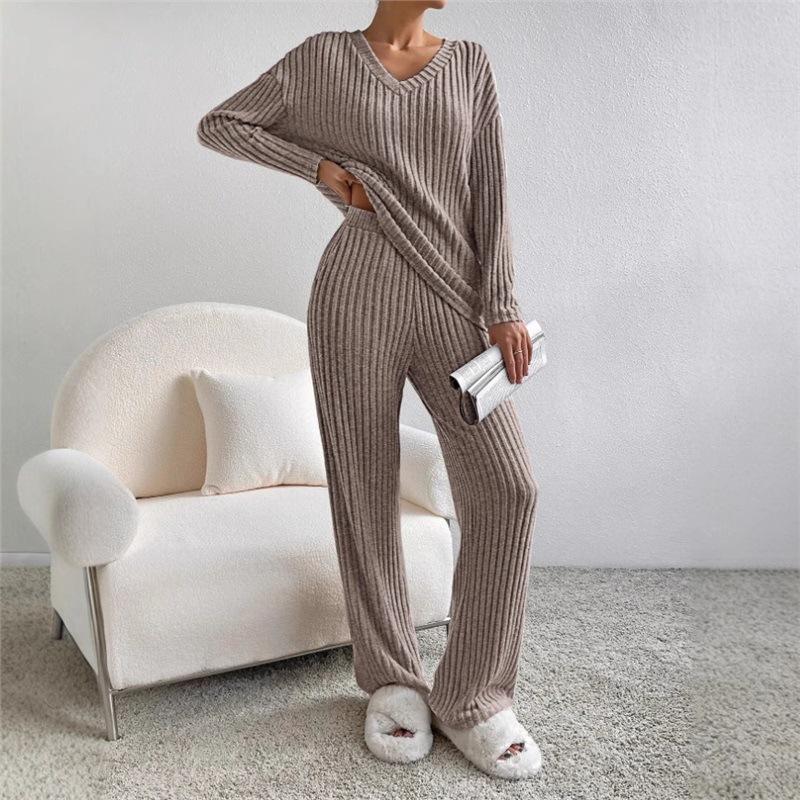 Two-piece Set 1116 Autumn Fashion Straight-leg Pants V-neck Pit Strip Knitted Sweater Casual Suit Women's Clothing
