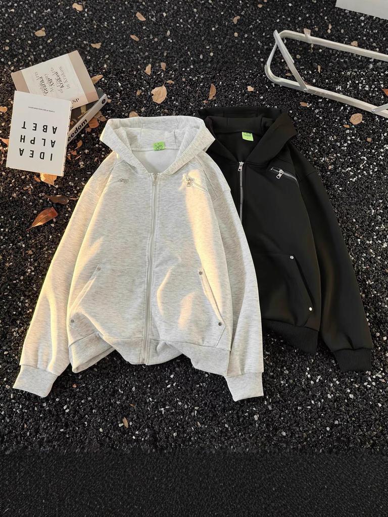 Unisex Spring Shoulder Padded Jacket: High Street Cool, Zipper Accents, Fashion Hoodie Cardigan