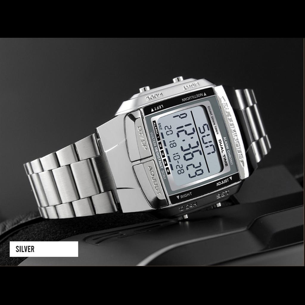 1381 Men Analog Digital Watch Fashion Casual Sports Wristwatch 2 Time 5 Alarm 3 Waterproof Stainless Steel Strap Backlight Multifunctional Wa