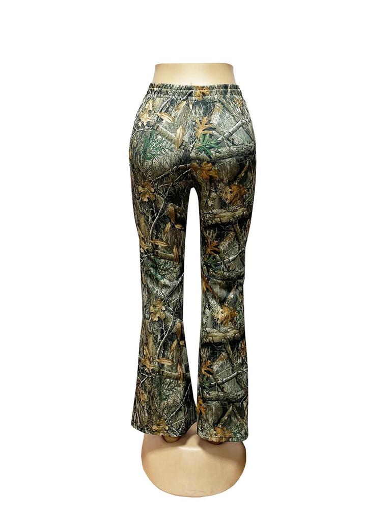 European-American Retro Print Elastic Waist Flare Sweatpants for Autumn Women