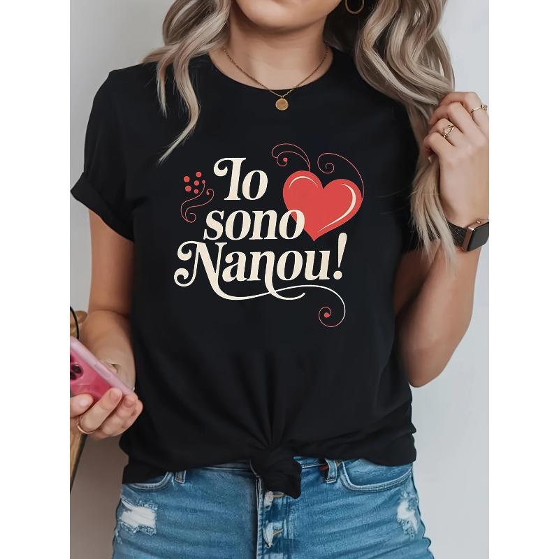 

Warm Affection for Nanou Italian Io Sono Nanou! Heart Pattern Print Plus Size Women S Fashion Casual Round Neck Spring and Summer T-Shirt 4XL чорний