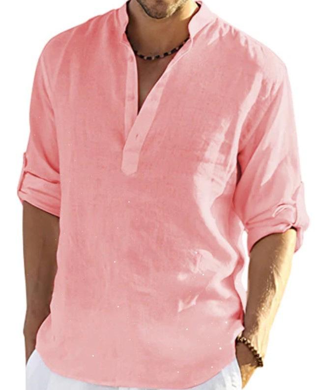 Men's Cotton Linen Long Sleeve Shirt Stand Collar Relaxed Fit Casual Holiday Top