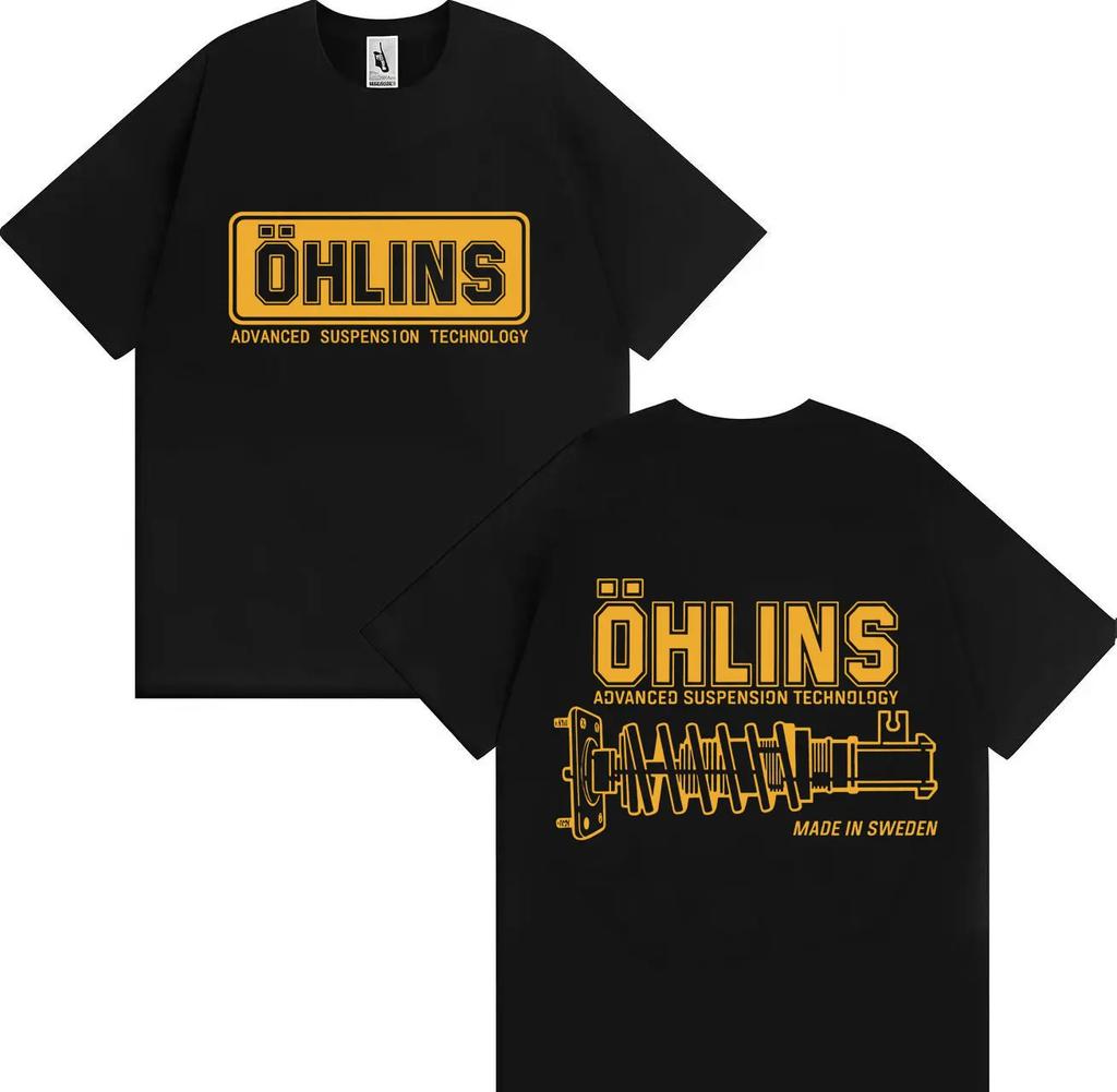 202526 Summer A Stylish and Fun OHLINS Motorcycle Shock Absorber Pattern Cotton Printed Tshirt Loose Casual Retro Casual