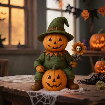 Figurita Hombre Calabaza Aterradora Estatua Espantapájaros Cabeza de Calabaza de Halloween con Calavera Girasol Mini Adorno de Escritorio para Decoración de Mesa Repisa Estantería