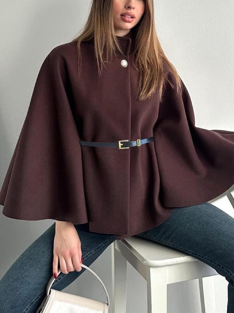 Moda Invernale Donna Stile Elegante Colore Puro Cintura con Cintura Cappotto Mantella in Lana