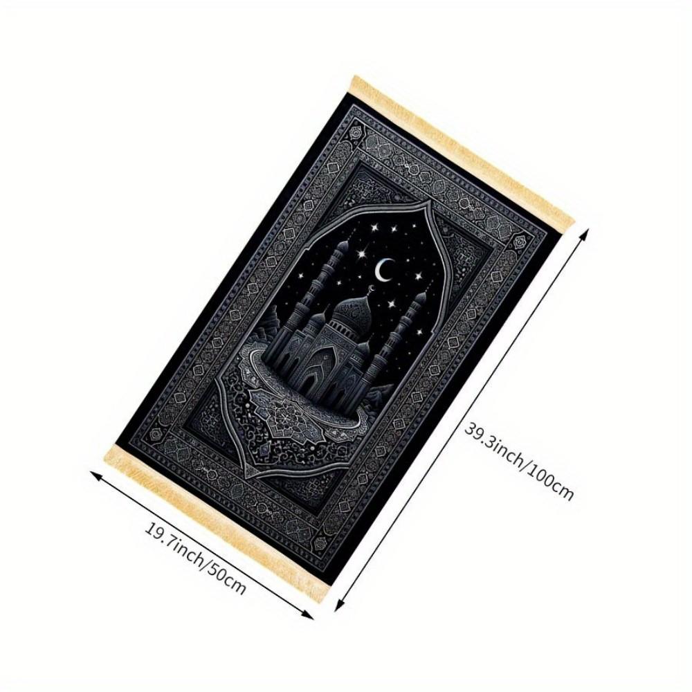 Black Starry Mosque & Pink 3D Floral Arch Islamic Prayer Rug Portable Muslim Salah Mat Ramadan Home Decor Prayer Carpet