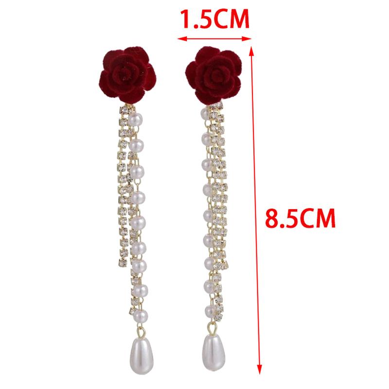 Wine Red Flocking Bow Pearl Tassel Earrings For Women Elegant Trending Luxury Red Rose Flower Long Tassel Earrings Jewelry Gifts