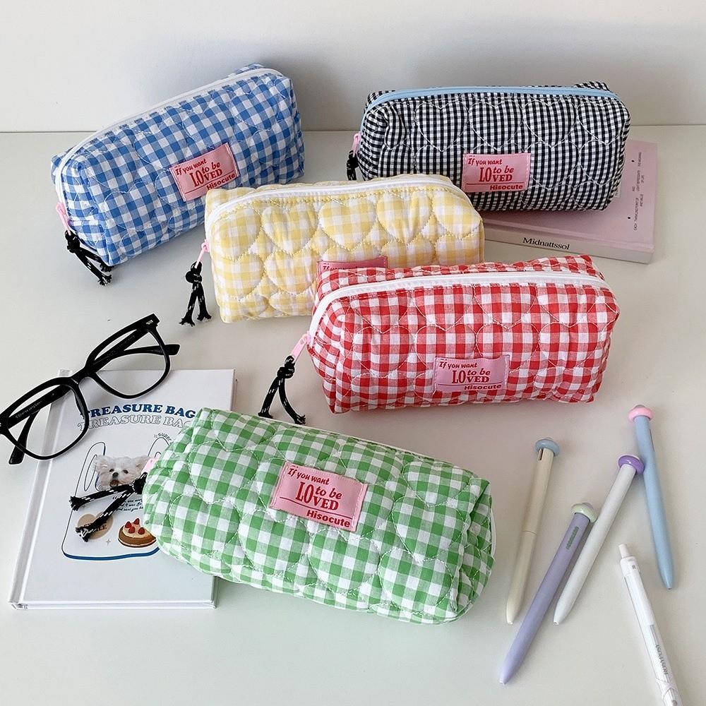 Cloth Korean Plaid Stationery Bag Pen Bag Pencil Pouch Plaid Heart Pencil Case  Kids Children