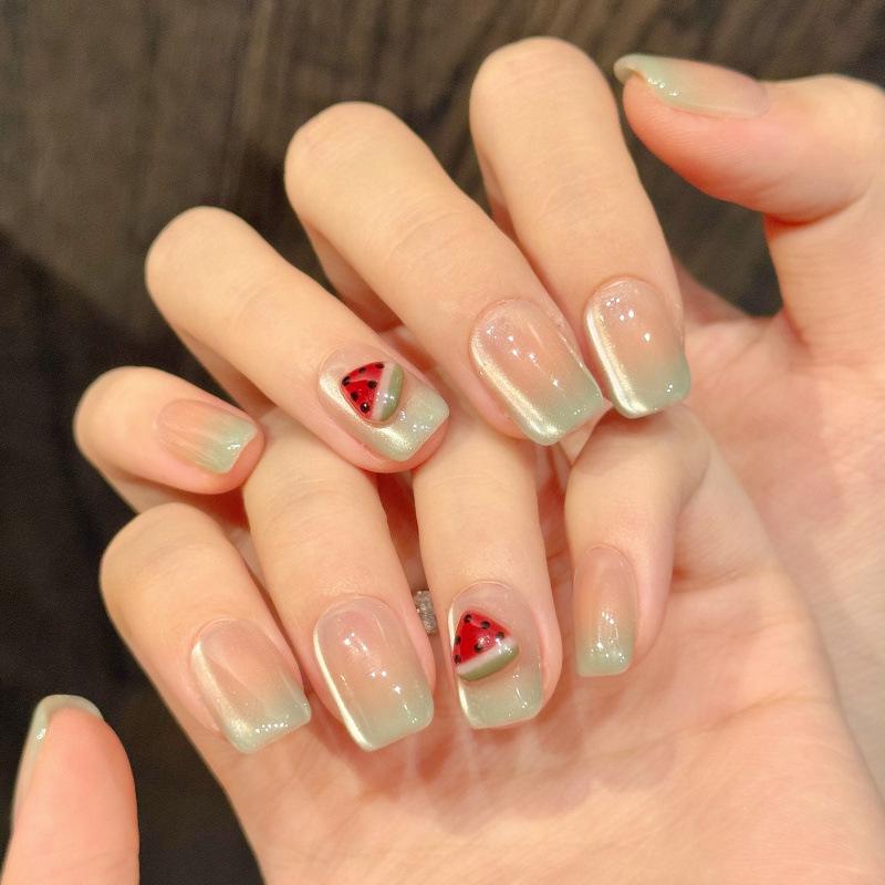 Watermelon Elf Nude Blush Cat Eye Gradient Green Short Manicure Nails