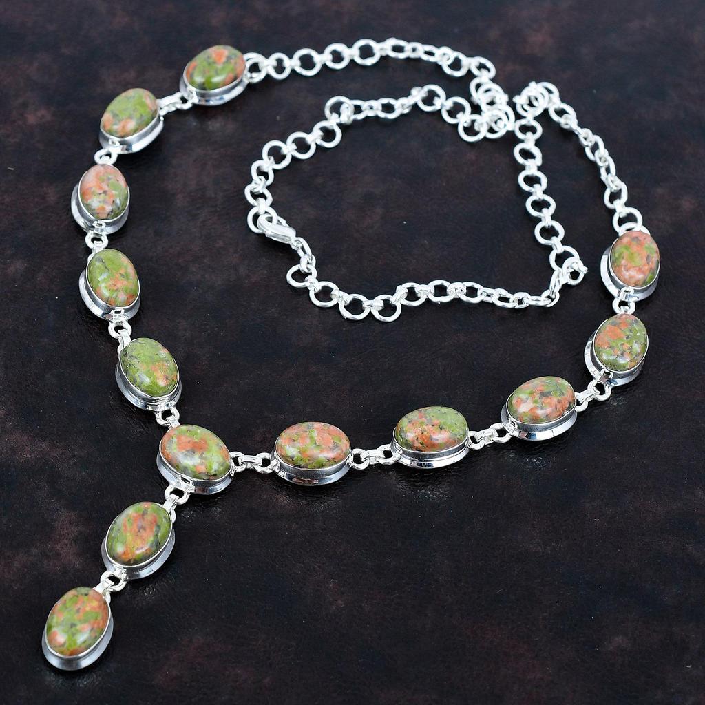 Unakite Gemstone Necklace 925 Sterling Silver Necklace Adjustable Chain Necklace Handmade Boho Jewelry Birthstone Necklace Engagement Gifts