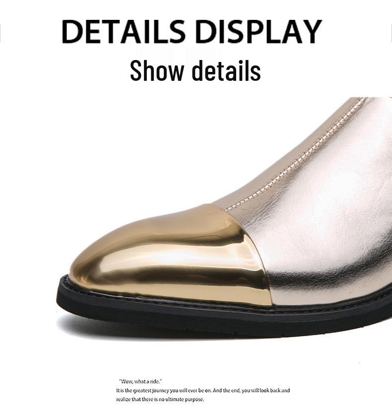 Men's Gold Leather Pointed Toe Chelsea Boots - Slip-on, Large Size, Spring/Autumn