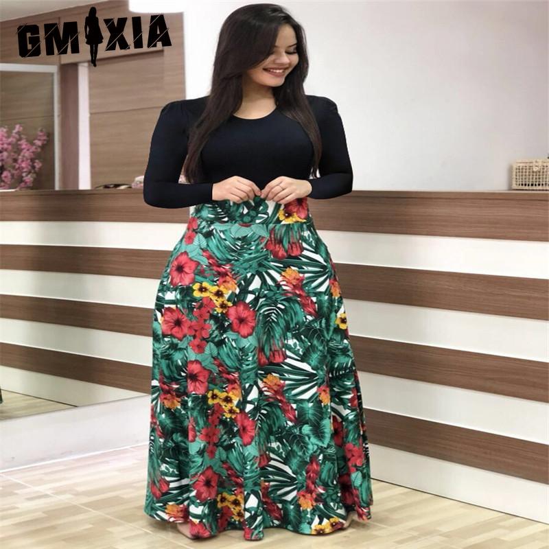 

GMXIA Платье в стиле бохо с цветочным принтом и длинными рукавами, весна-осень, с круглым вырезом, большие длинные платья-качели XXXXXL