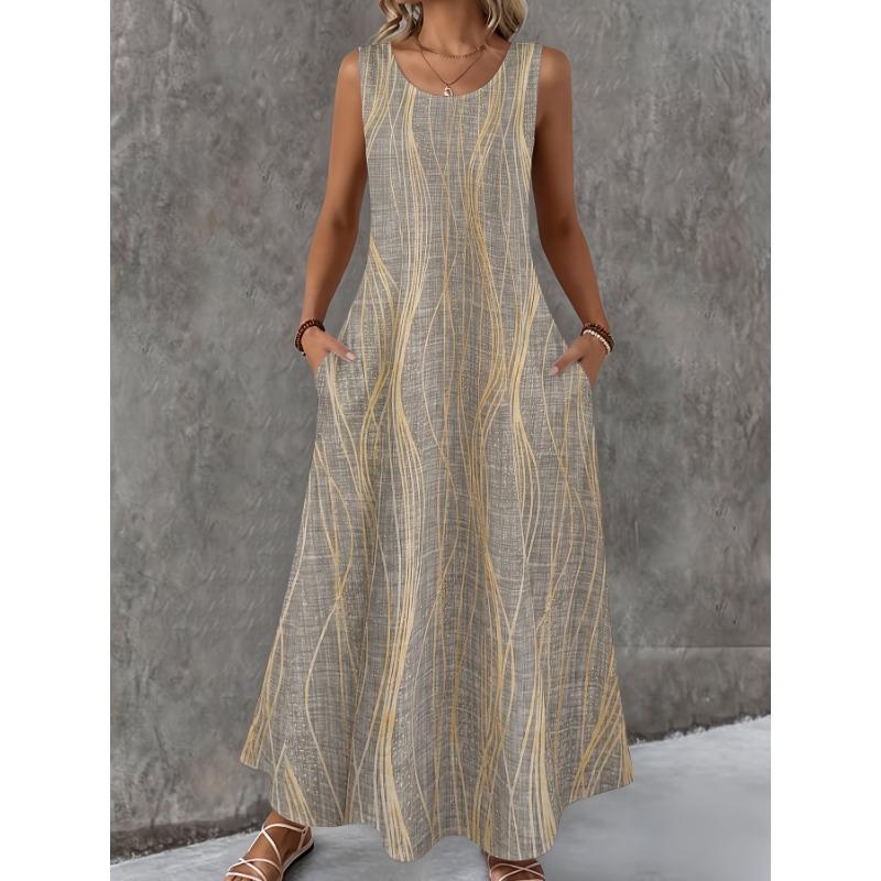 Women Sleeveless Dress Round Neck with 3D Print Long Maxi Dress for Summer Beach Vacation Casual Wear