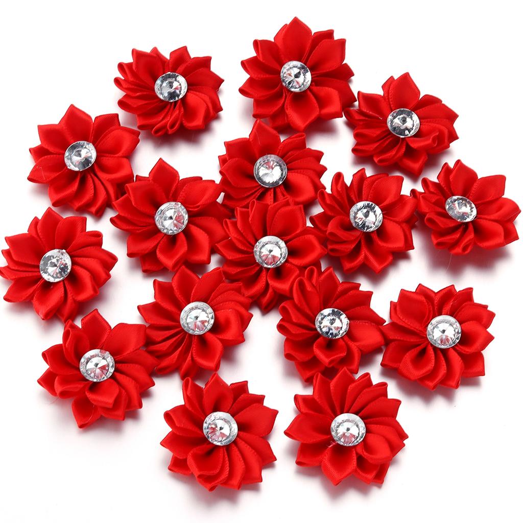 20pcs 4cm Mini Satin Ribbon Flowers Colorful Rhinestone Handmade Flowers For DIY Clothing Sewing Headwear Decoration Accessories