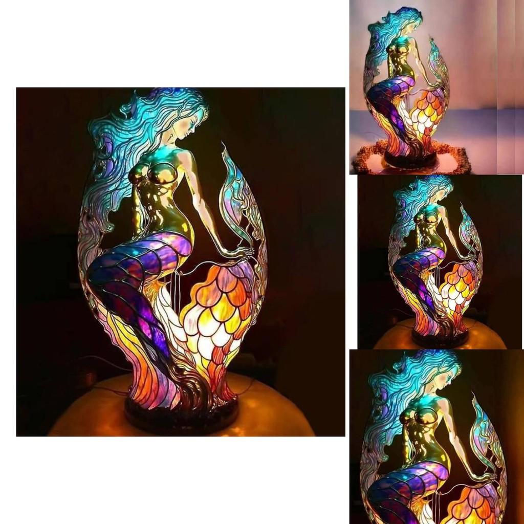 Mermaid Resin Animal Table Lamp With Colorful Retro Design For Gift And Home Decor