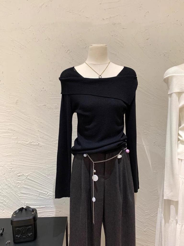 Sweet Temperament Off-Shoulder Knit Top - Women's 2025 Autumn/Winter Korean Style Slimming Base Shirt