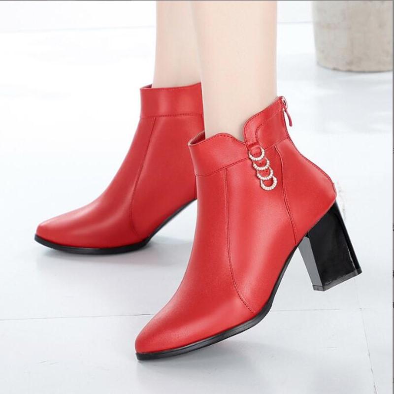 Women Ankle Boots GenuineLeather Women's Fashion Boots Red Pointed Rhinestone High-heeled Winter Wedding Boot