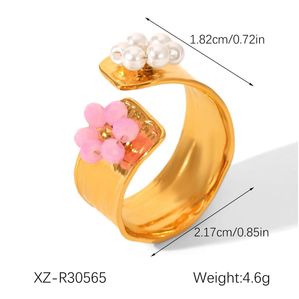 European and American Pearl Flower Stainless Steel Open Ring – High-End, Non-Fading Titanium Steel for Women