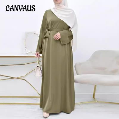 Muslim Women's Plus Size Satin Dress Middle East Simple Solid Color Loose Round Neck Belt Long Sleeve Dress