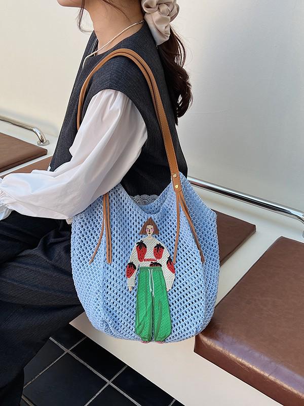 Damen geflochtene Stroh-Schultertasche - Nischenmarkt, Lässiger Stil, Hohlmuster für Urlaub oder Pendeln