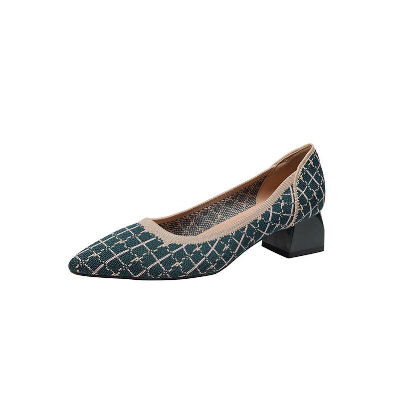 

Новая клетчатая серия туфли-лодочки на толстом каблуке, вязаные женские туфли с мелким вырезом, удобные одинарные туфли 40