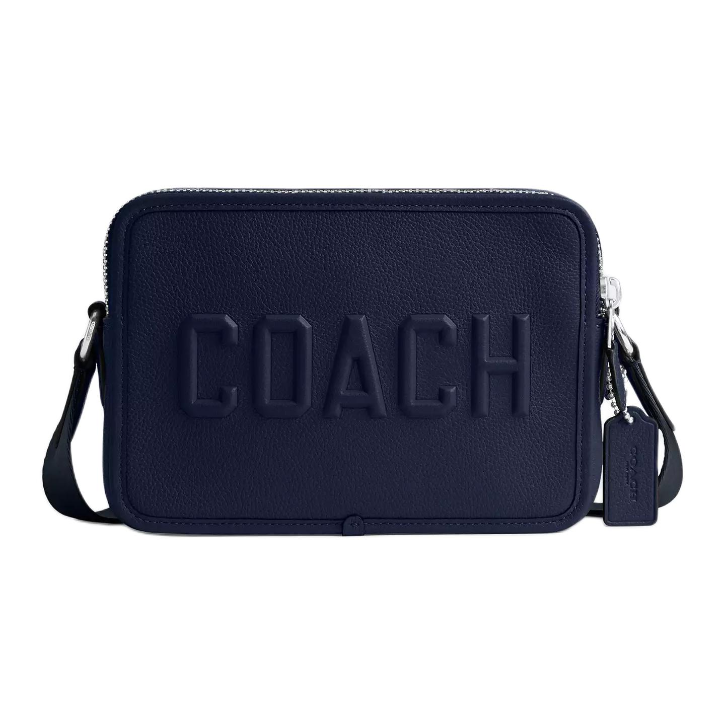 Coach Navy Pebbled Leather Camera Crossbody Bag With Embossed  COACH  Logo & Silver Hardware For Daily Use Basic Set (Bag+Dust Bag)